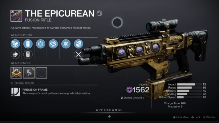 Destiny 2 - Epicurean Fusion Rifle Perks
