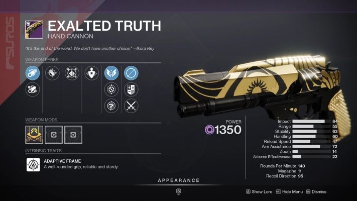 Destiny 2 - Season of the Seraph - Exalted Truth Hand Cannon perks