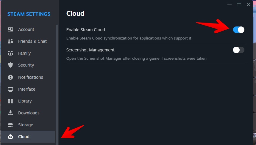 turning on steam cloud