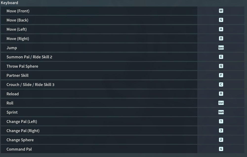Palworld Keyboard Controls