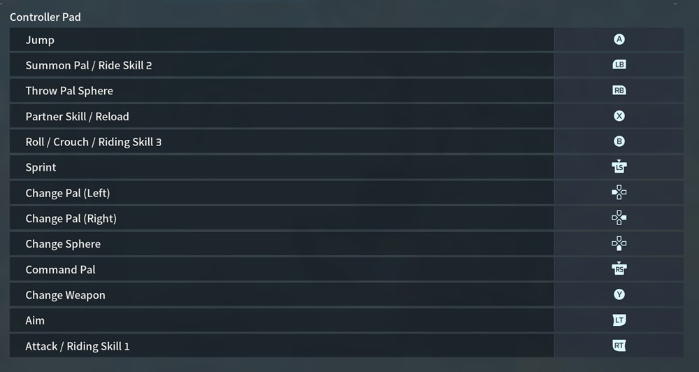 palworld controller controls and binds on pc