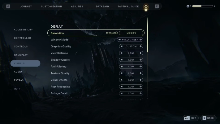 Star Wars Jedi Survivor - graphics settings menu