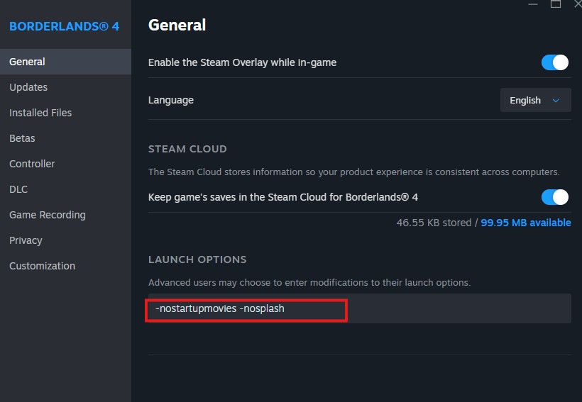 Steam launch option to skip intro video in BL4